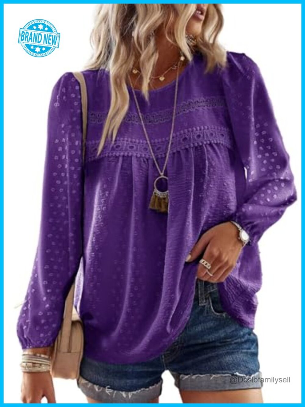 Womens Flowy Boho Crochet Lace Long Sleeve Crew Neck Peasant Top